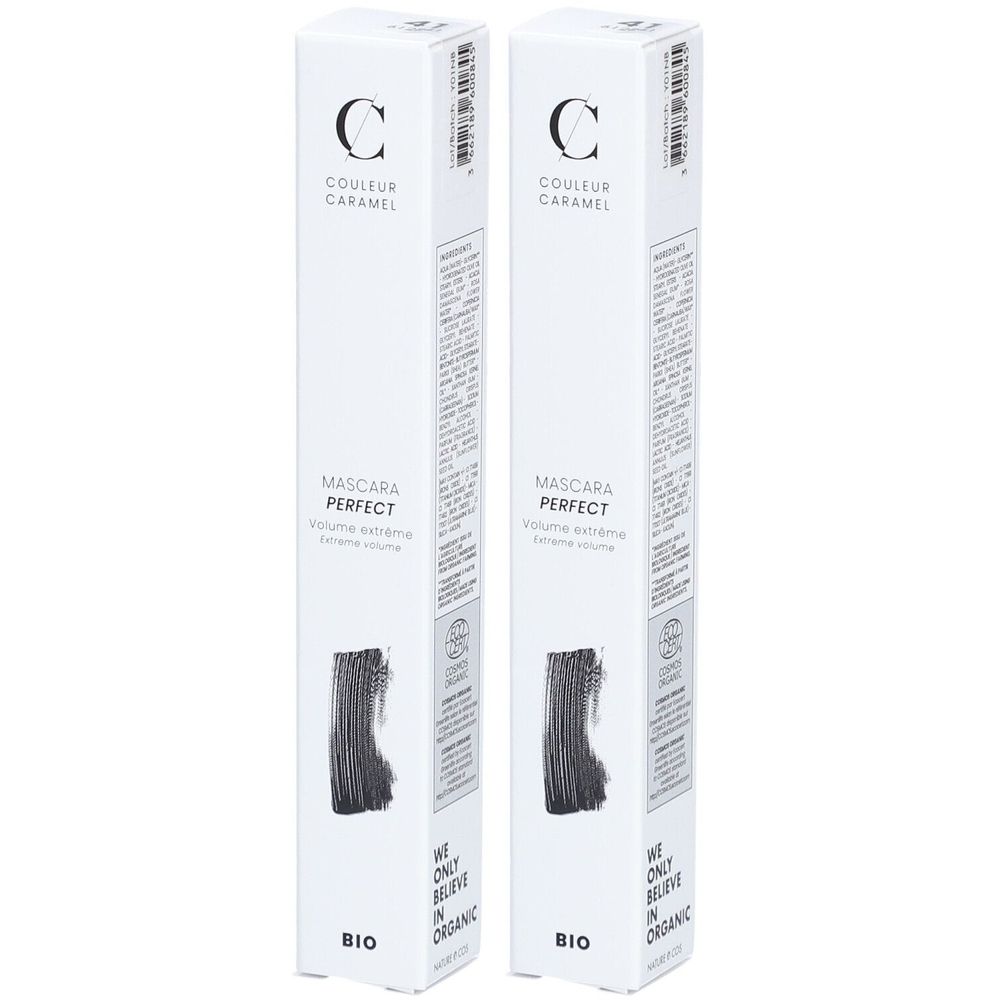 Zwei weiße Kartons mit Mascara. Aufschrift: COULEUR CARAMEL, Mascara Perfect, Bio. Schwarze Bürsten-Illustration.