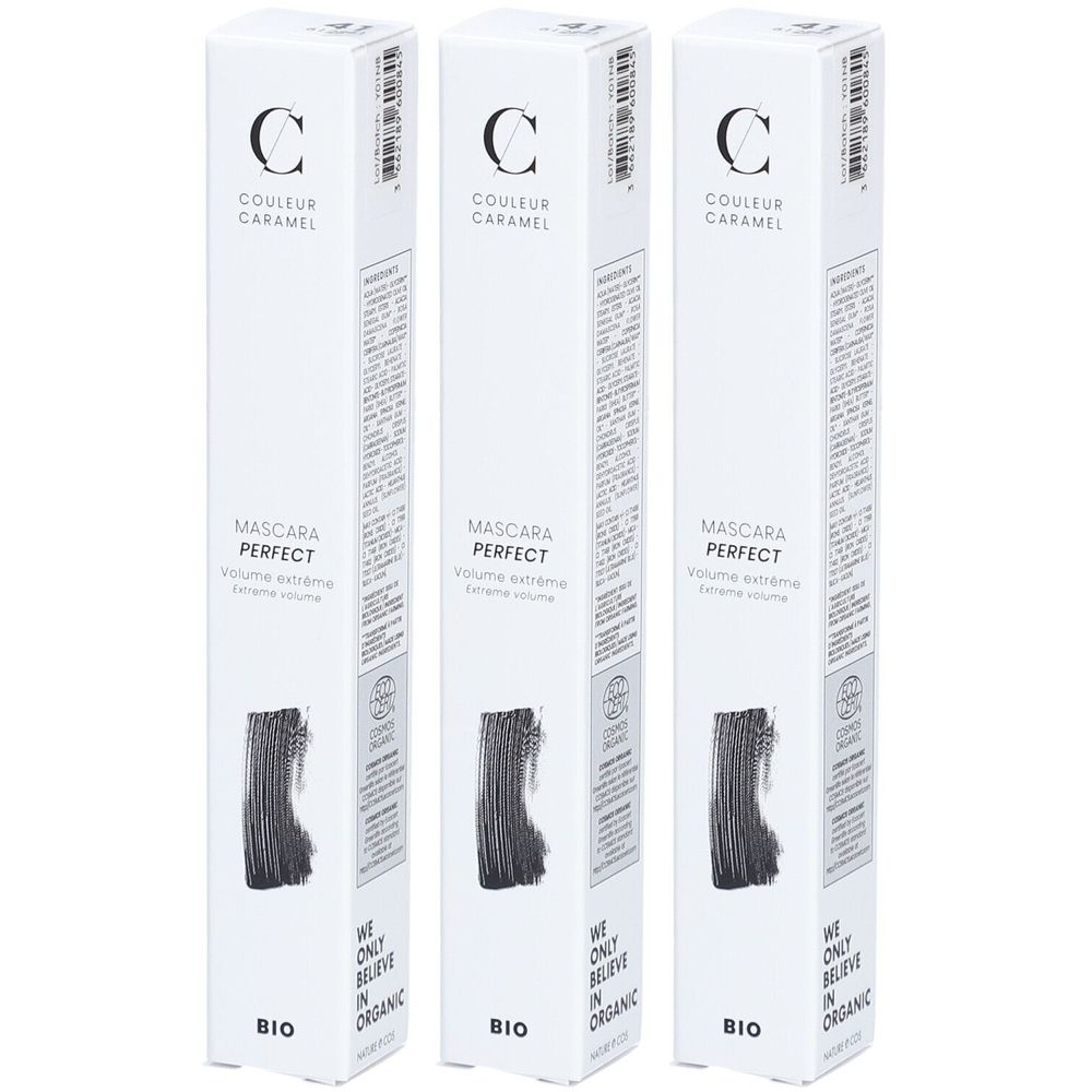 Drei Packungen Wimperntusche. Aufschrift: COULEUR CARAMEL, MASCARA PERFECT, BIO. Schwarze Tusche-Illustration.