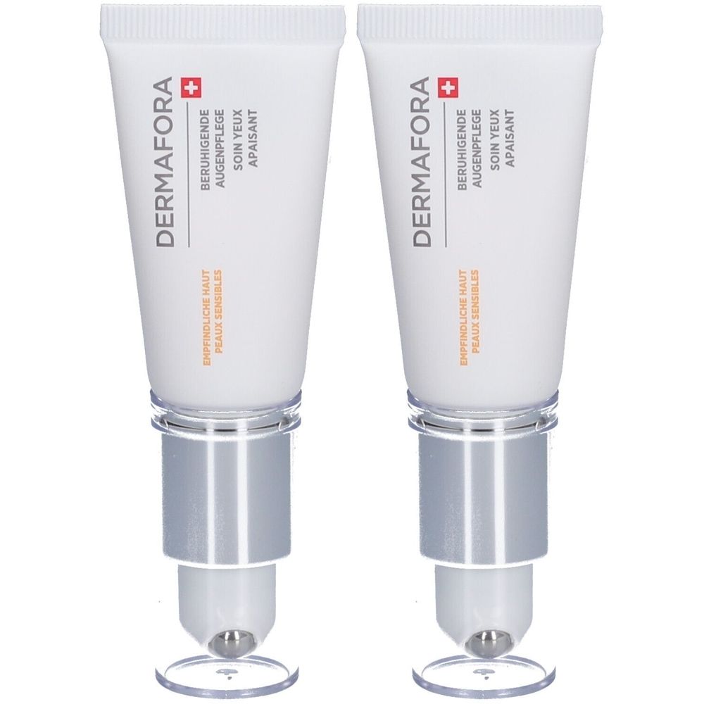 Deux tubes blancs avec applicateurs argentés. Inscription: DERMAFORA, Beruhigende Augenpflege, Soin Yeux Apaisant.