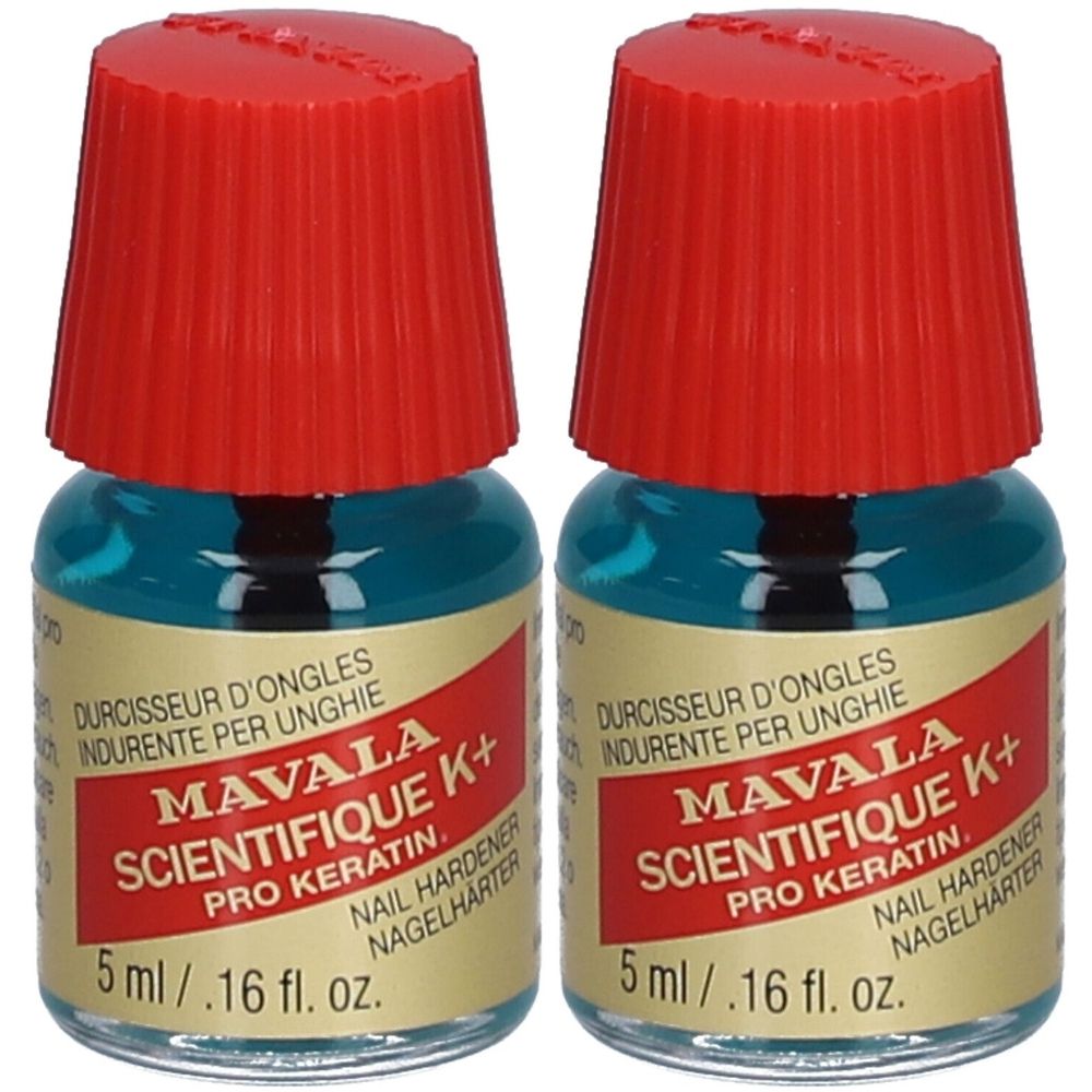 Zwei Fläschchen Nagelhärter mit rotem Verschluss. Aufschrift: Mavala Scientifique K+ Pro Keratin. 5 ml.