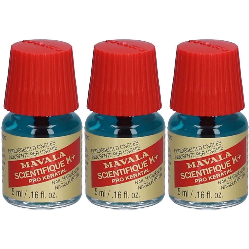 Drei Fläschchen Nagelhärter mit rotem Deckel. Aufschrift: Mavala Scientifique K+ Pro Keratin. Inhalt: 5 ml.