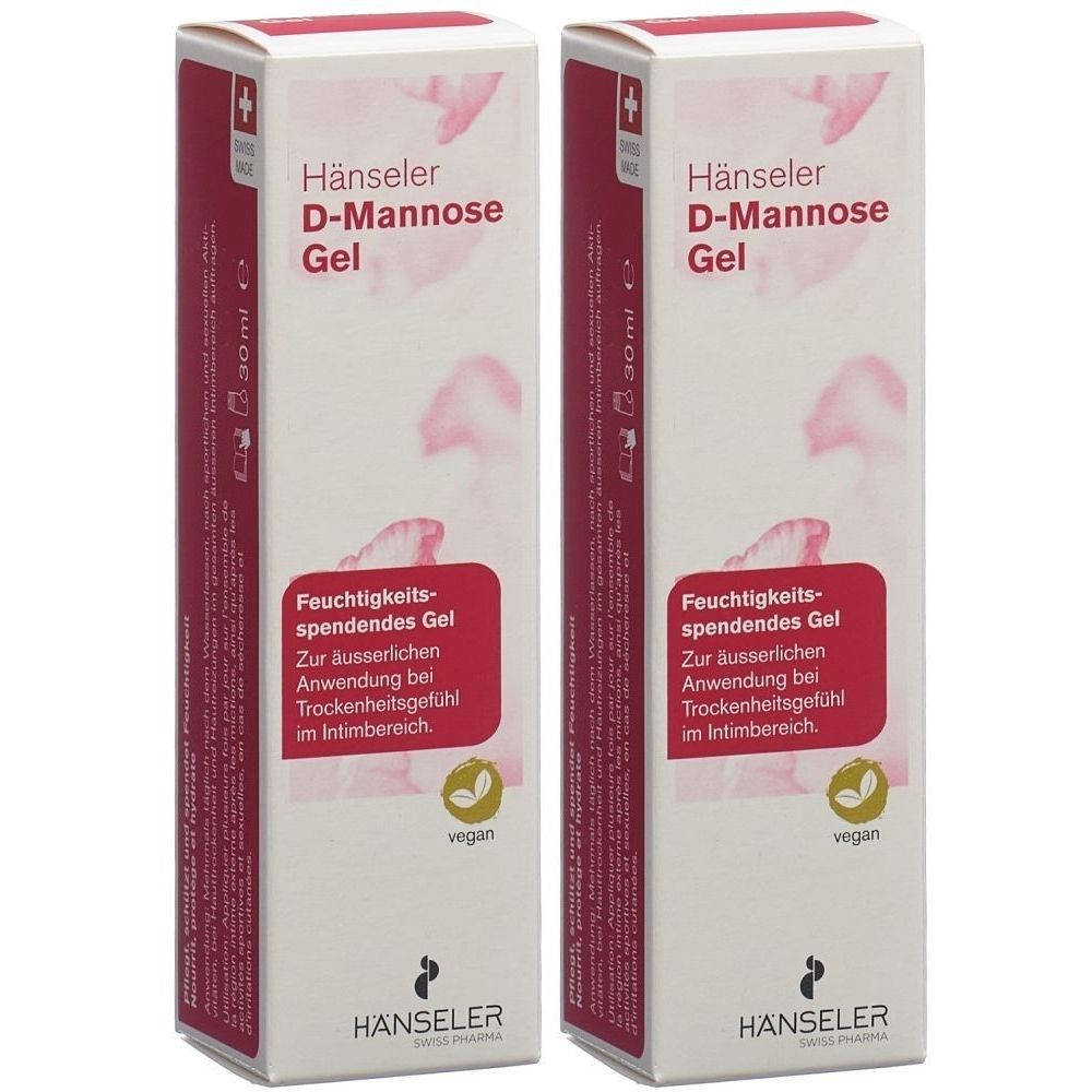 Zwei Schachteln Hänseler D-Mannose Gel. Weiße Verpackung mit roter Schrift. Schweizer Kreuz oben. Text: Feuchtigkeitsspendendes Gel.