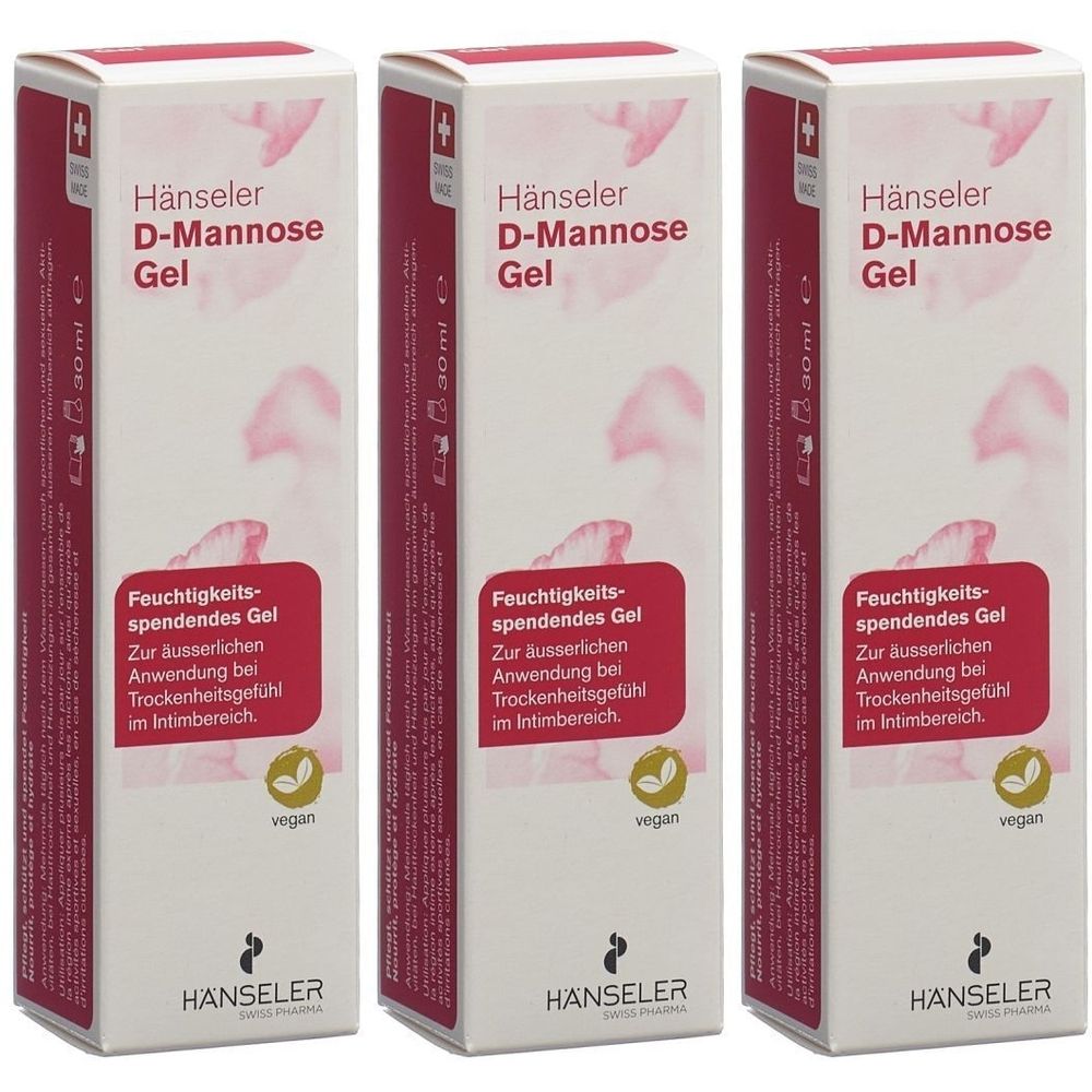 Drei Packungen Hänseler D-Mannose Gel. Weiße Schachteln mit roter Schrift und Logo. Text: Feuchtigkeitsspendendes Gel, vegan.