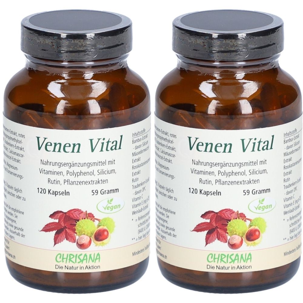 Zwei braune Glasflaschen mit schwarzen Deckeln. Auf den Etiketten steht "Venen Vital" und "120 Kapseln". Das Logo von Chrisana ist sichtbar.