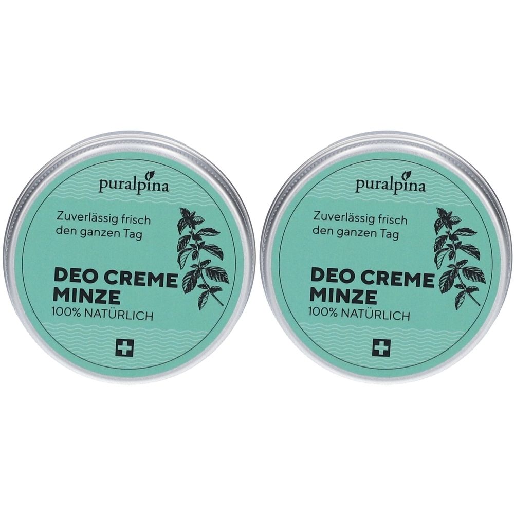Zwei runde Dosen mit grünem Deckel. Aufschrift: Deo Creme Minze, 100% natürlich. Schweizer Kreuz.