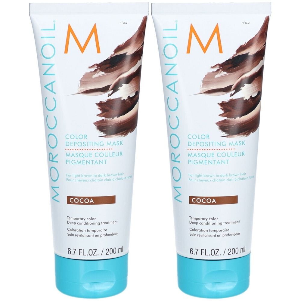 Deux tubes de masque capillaire. Inscription: Moroccanoil, Color Depositing Mask, Cocoa. Contenu: 200 ml.