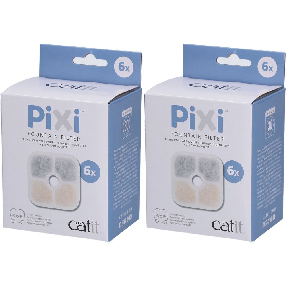 Deux boîtes de filtres Pixi Fountain, 6 pièces. Marque catit. Filtres carrés avec différentes couleurs.