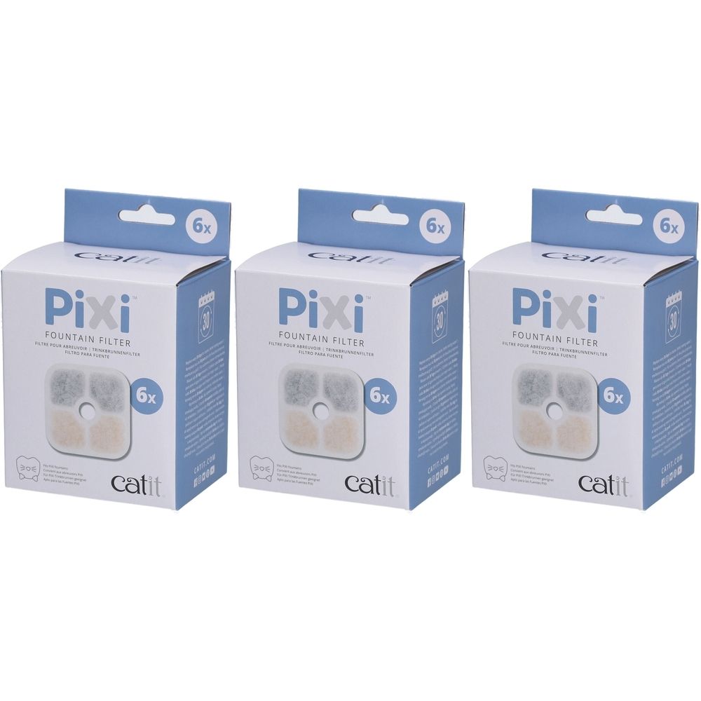 Trois boîtes de filtres "Pixi Fountain Filter". Chaque boîte contient 6 filtres. Marque : Catit.