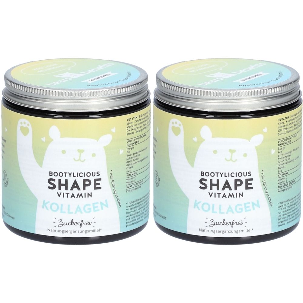 Zwei Dosen mit Schraubverschluss. Aufschrift: Bootylicious Shape Vitamin Kollagen. Zuckerfrei. Nahrungsergänzungsmittel. Abbildung eines Bären.
