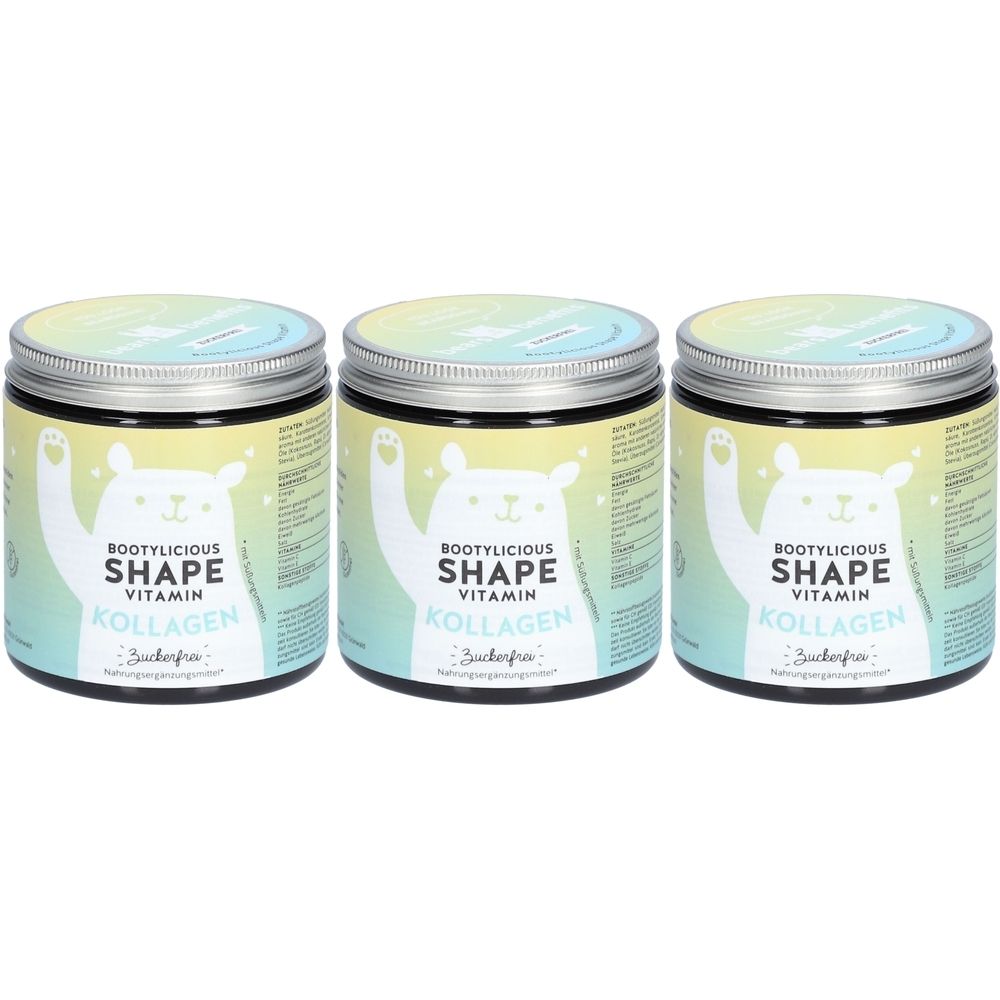 Drei Dosen mit Deckel. Aufschrift: Bootylicious Shape Vitamin Kollagen. Zuckerfrei. Auf jeder Dose ein Bär.