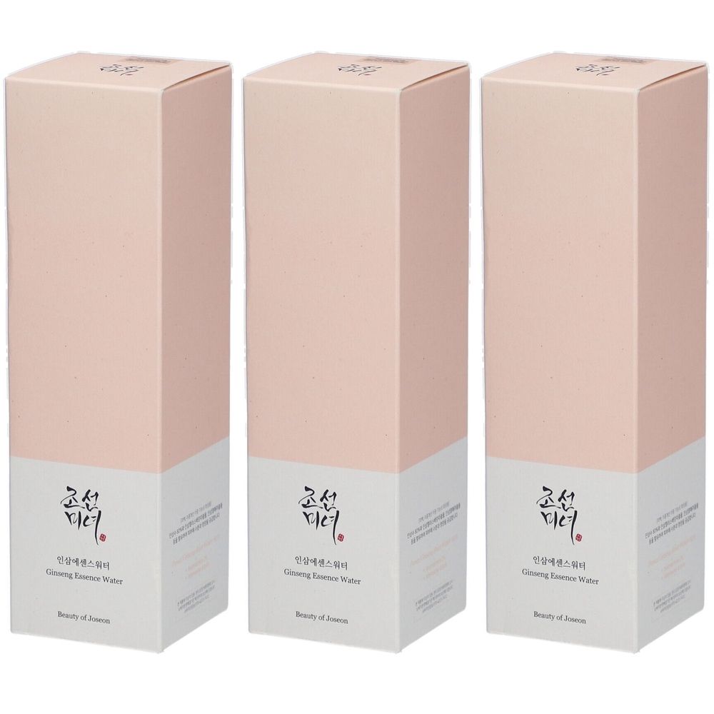 Drei rechteckige Produktverpackungen in Rosa und Weiß. Auf der weißen Fläche sind Schriftzeichen und der Markenname "Beauty of Joseon" zu sehen.