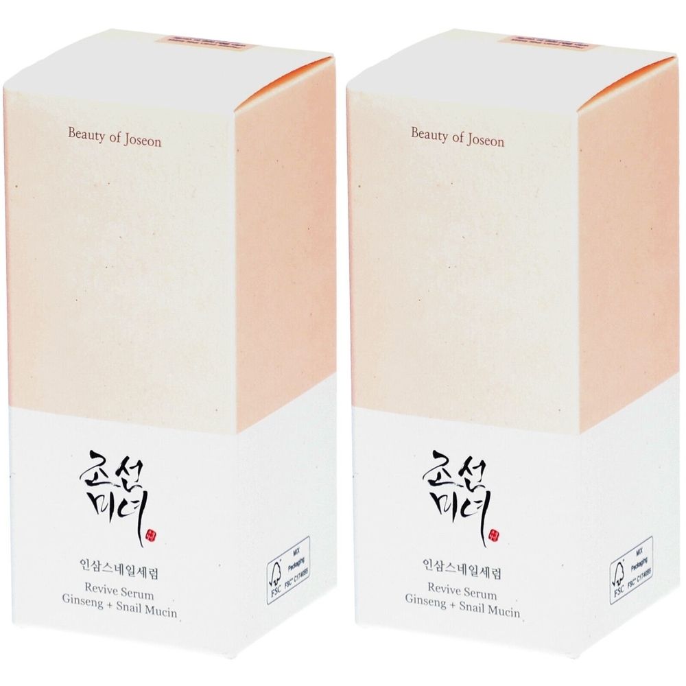 Zwei rechteckige Produktverpackungen. Aufschrift: Beauty of Joseon, Revive Serum Ginseng + Snail Mucin. FSC-Siegel.