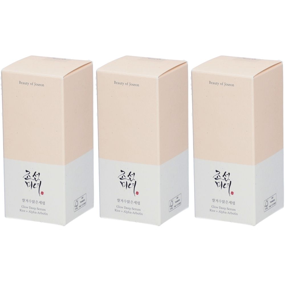 Drei rechteckige Produktverpackungen. Oberteil hellrosa, Unterteil weiß. Aufdrucke in Schwarz und Koreanisch. "Beauty of Joseon" sichtbar.