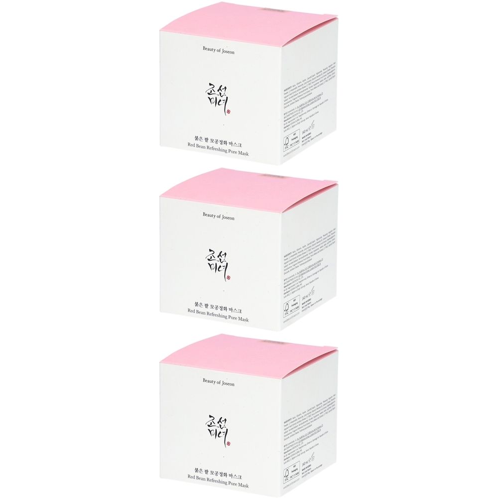 Drei quadratische Kartons mit rosa Deckel. Auf der Vorderseite steht "Beauty of Joseon" und koreanische Schriftzeichen.