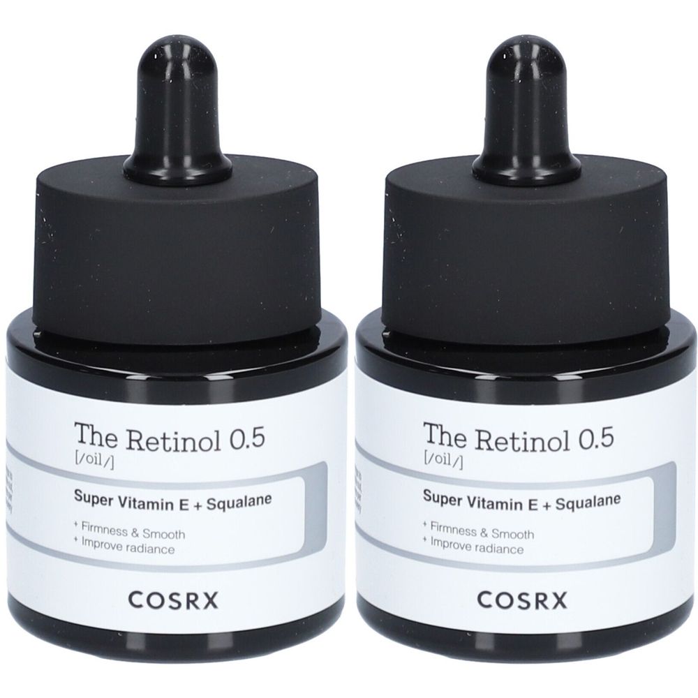 Zwei Flaschen mit schwarzem Deckel und Pipette. Aufschrift: The Retinol 0.5, Super Vitamin E + Squalane, COSRX.