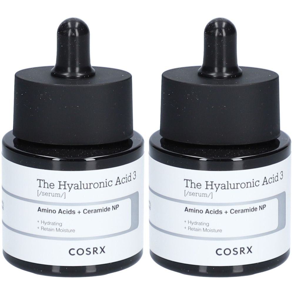 Zwei Flaschen Serum mit schwarzem Deckel und Pipette. Aufschrift: The Hyaluronic Acid 3, Amino Acids + Ceramide NP, COSRX.
