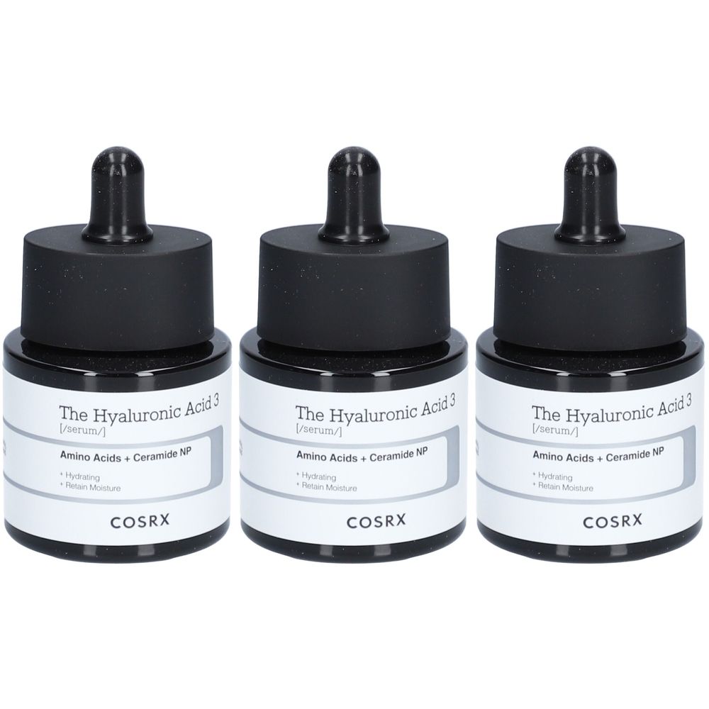 Drei Flaschen Serum mit schwarzem Deckel und Pipette. Auf dem Etikett steht "The Hyaluronic Acid 3" und "COSRX".