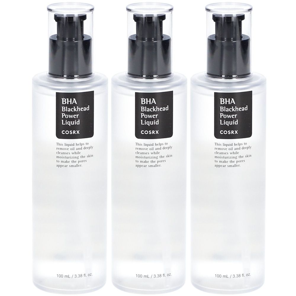 Drei transparente Flaschen mit schwarzem Pumpkopf. Auf dem Etikett steht "BHA Blackhead Power Liquid" und "COSRX".