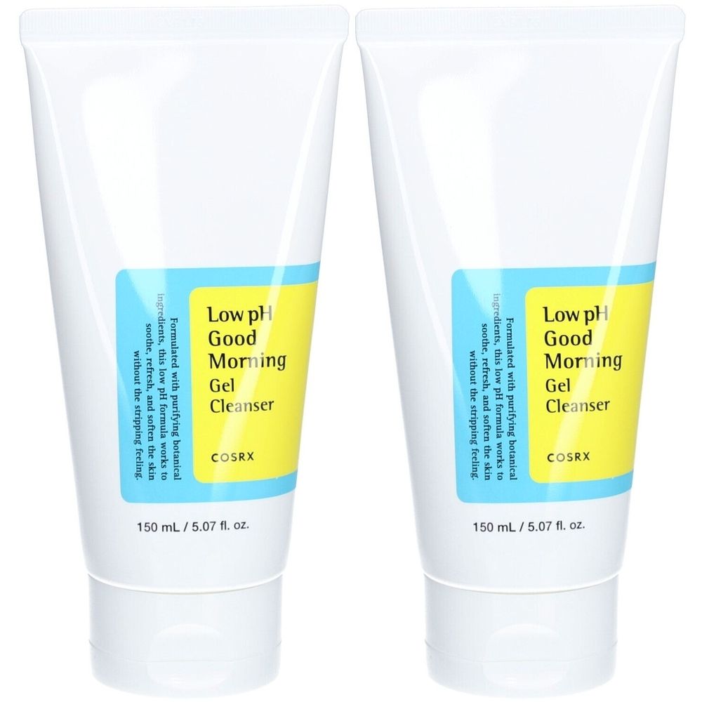 Zwei weiße Tuben mit blauem Etikett. Aufschrift: Low pH Good Morning Gel Cleanser. Marke: COSRX. Volumen: 150 ml.