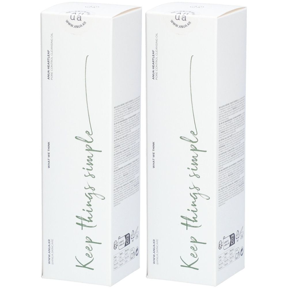 Zwei weiße Produktverpackungen. Aufschrift: ANUA Heartleaf Pore Control Cleansing Oil. Text: Keep things simple.