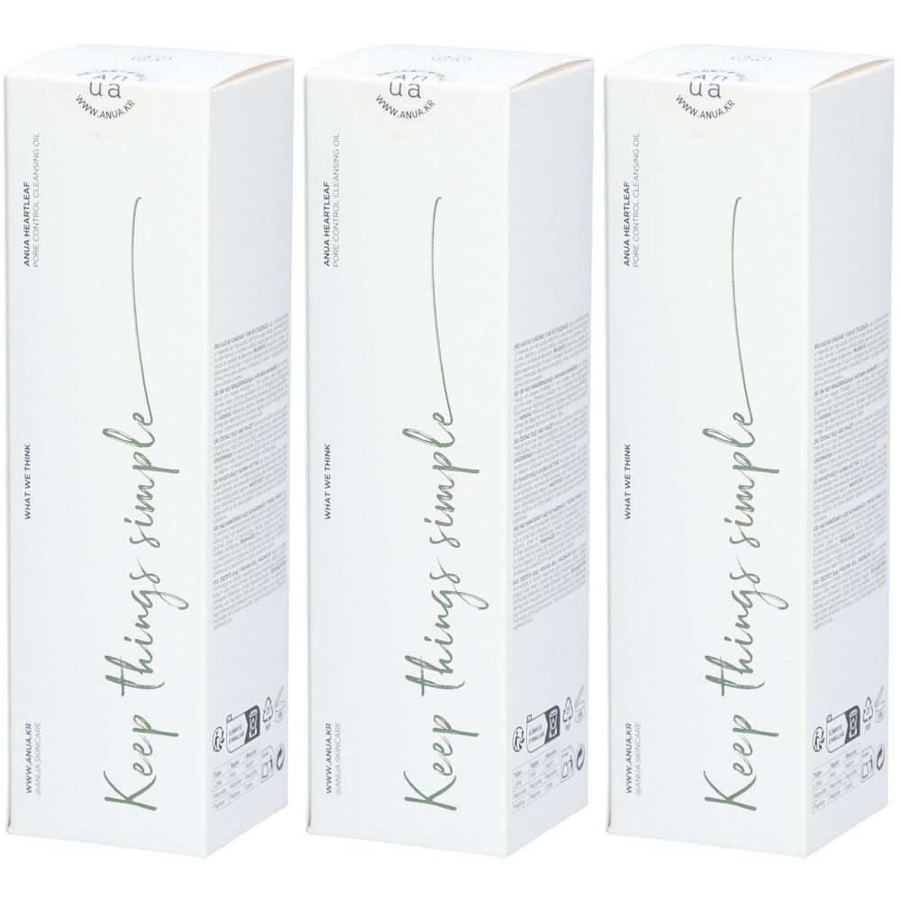 Drei weiße Produktverpackungen. Aufschrift: Keep things simple. Logo: ua. Text: ANUA HEARTLEAF PORE CONTROL.