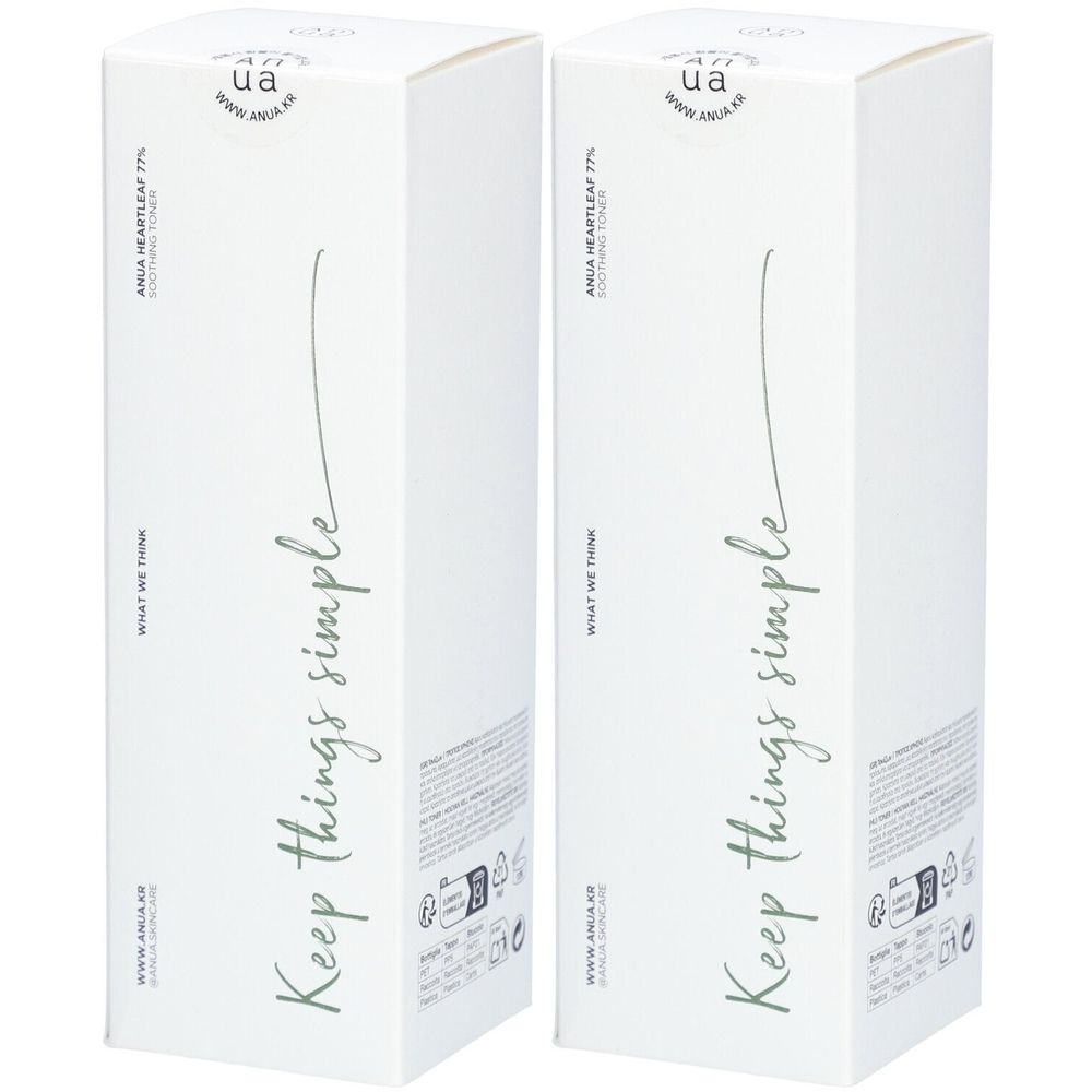 Zwei weiße Kartons mit Aufdruck. Aufschrift: ANUA HEARTLEAF 77% SOOTHING TONER. Text: Keep things simple.