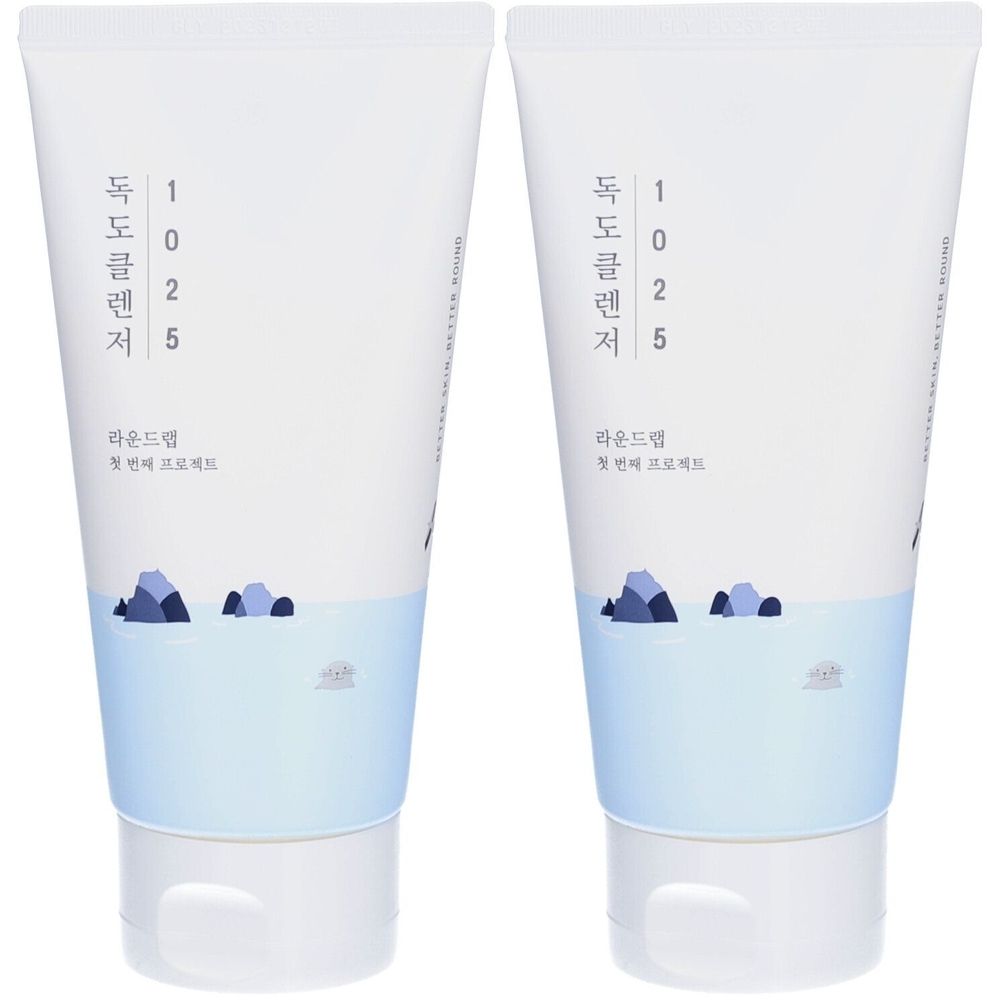 Zwei Tuben mit weißem Hintergrund, blauem Wasser-Design und koreanischem Text. Weiße Kappen.