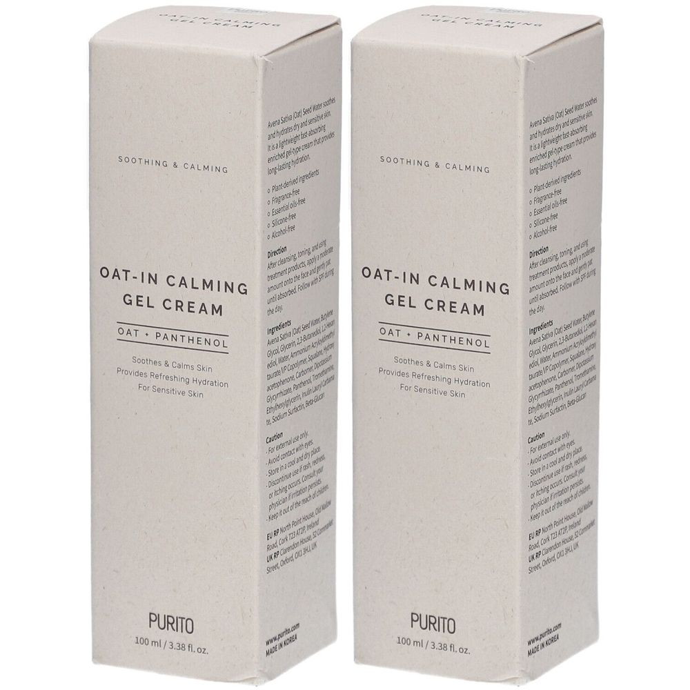Zwei rechteckige Kartons. Aufschrift: OAT-IN CALMING GEL CREAM, OAT + PANTHENOL, PURITO. Text in Englisch.