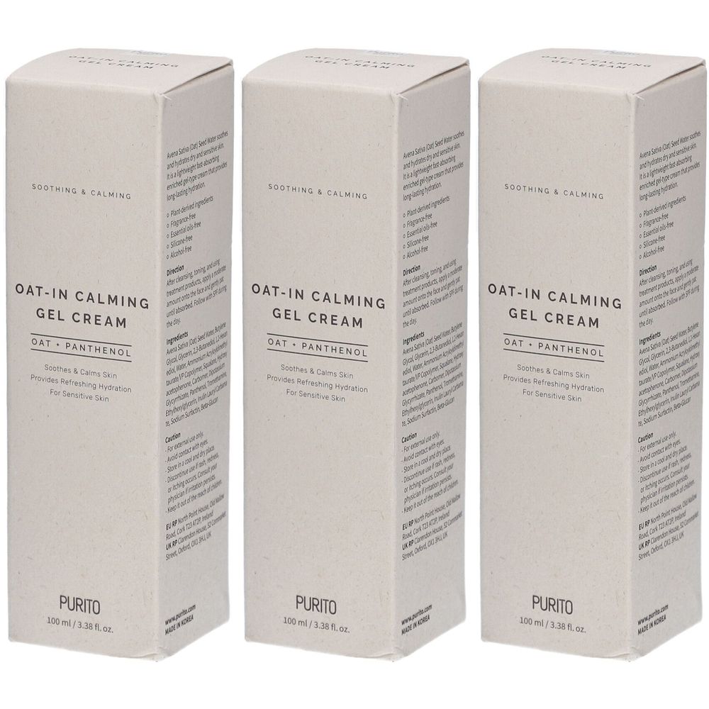 Drei rechteckige Kartons mit Produktaufdruck. Text: OAT-IN CALMING GEL CREAM, PURITO. Aufschrift: Beruhigt & besänftigt die Haut, spendet erfrischende Feuchtigkeit.