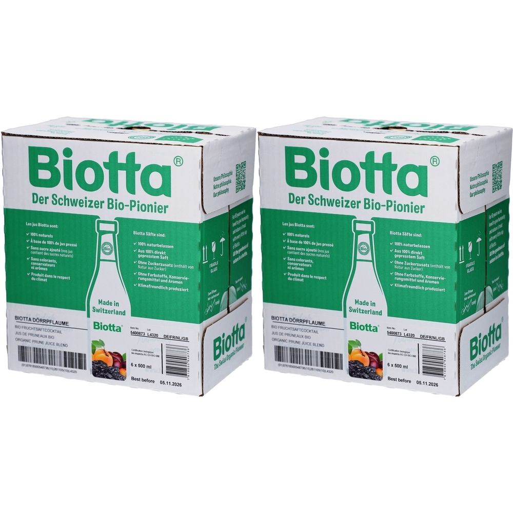 Zwei Kartons mit Biotta-Logo und Text. Grün-weiße Verpackung mit Produktabbildung und Text. "Der Schweizer Bio-Pionier" ist sichtbar.