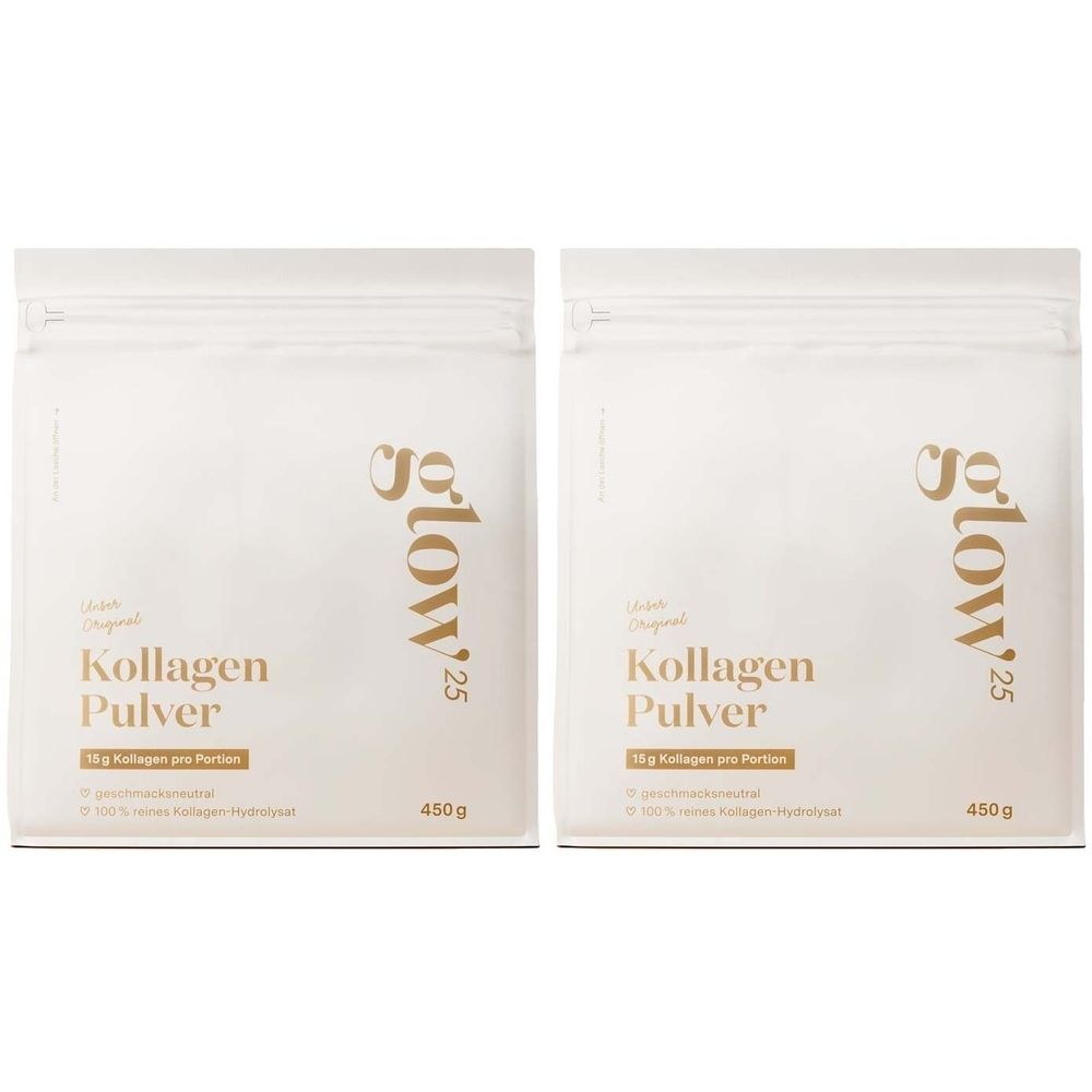 Zwei Beutel Kollagenpulver. Aufschrift: Glow25, Kollagen Pulver, 10g Kollagen pro Portion, geschmacksneutral, 100% reines Kollagen Hydrolysat, 450g.