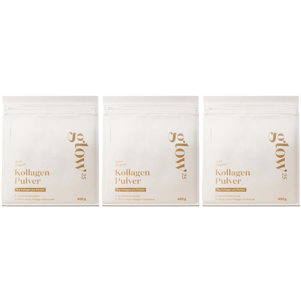 Drei Beutel Kollagenpulver. Weiße Verpackung mit goldfarbenem Schriftzug. Aufschrift: Glow25, Kollagen Pulver, 450g.