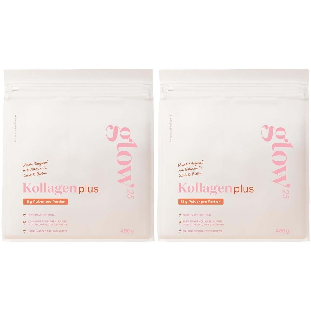 Zwei Beutel Glow25® Kollagen Plus. Weiße Beutel mit rosa Schrift. Enthält Vitamin C, Zink und Biotin. 450g. 15g Pulver pro Portion.