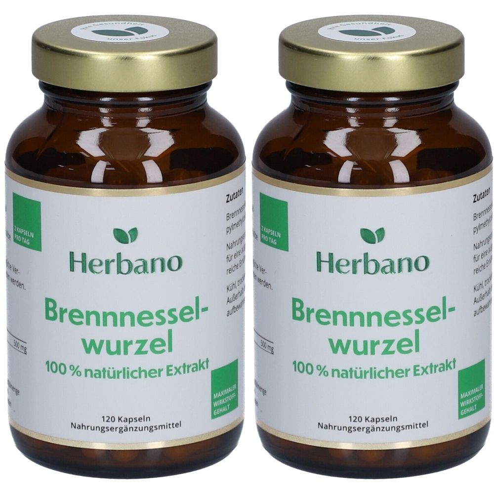 Zwei braune Glasflaschen mit goldenen Deckeln. Auf den Etiketten steht "Herbano Brennnesselwurzel 100% natürlicher Extrakt".
