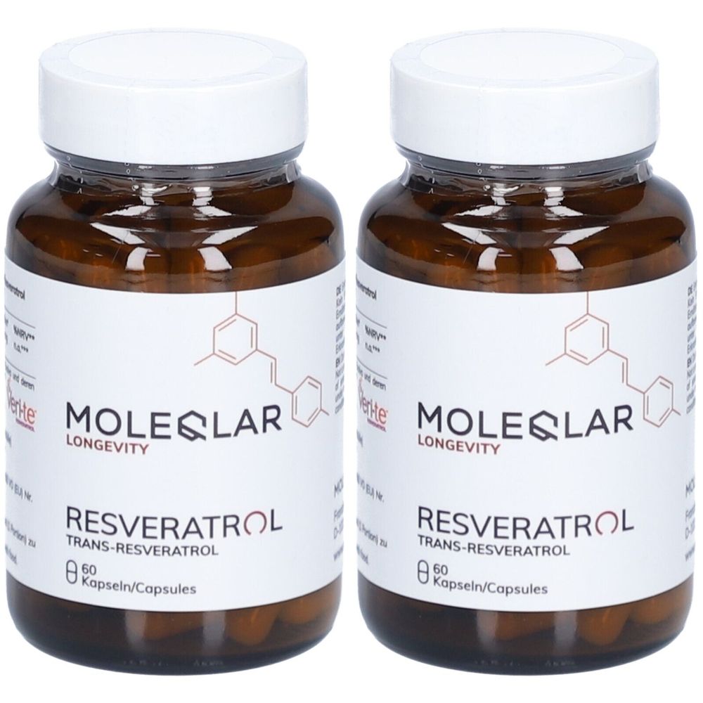 Zwei braune Glasflaschen mit weißen Deckeln und Etiketten. Auf den Etiketten steht "MOLEQLAR Longevity Resveratrol".