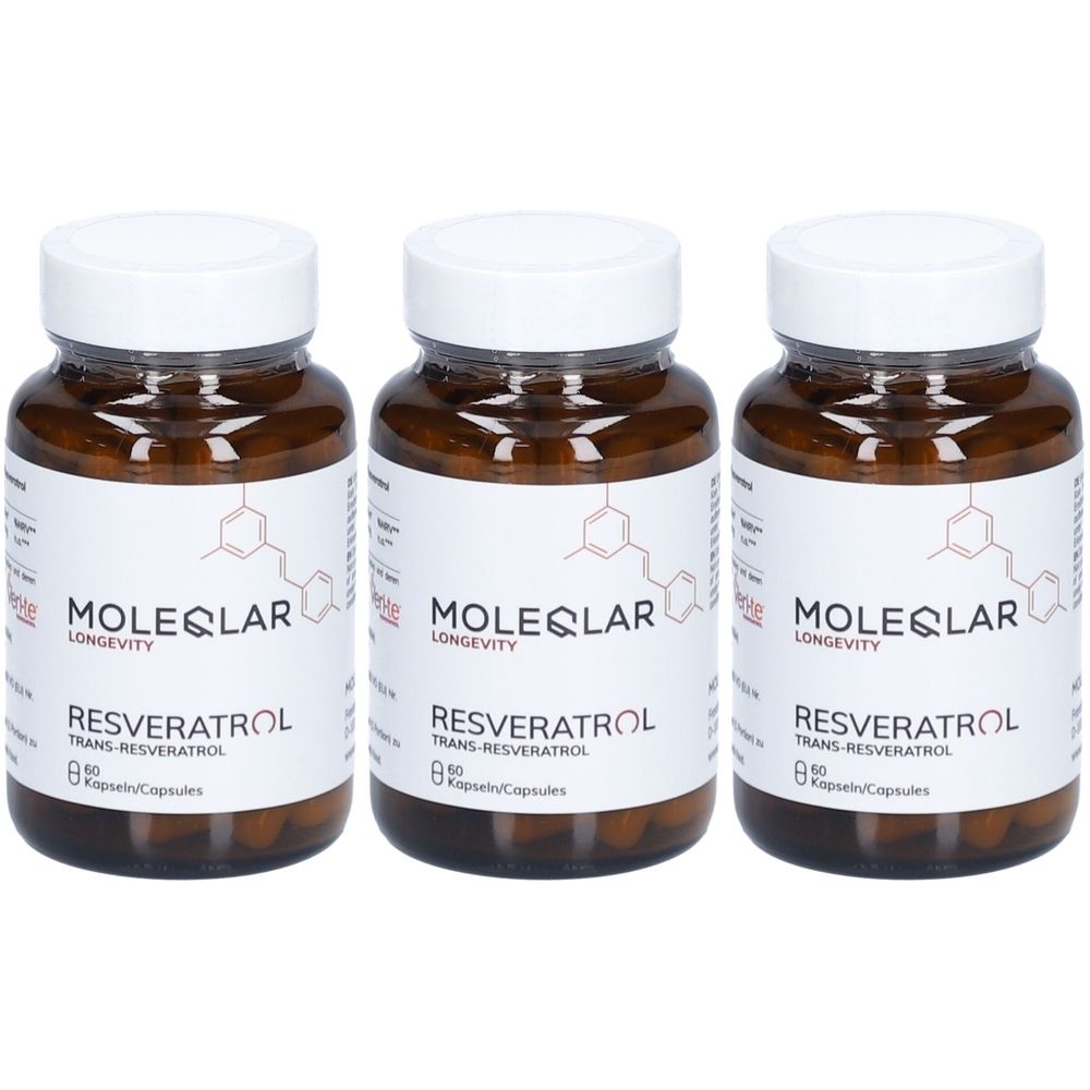 Drei braune Glasflaschen mit weißen Deckeln. Auf den Etiketten steht "MOLEQLAR Longevity Resveratrol trans-Resveratrol". Jede Flasche enthält 60 Kapseln.