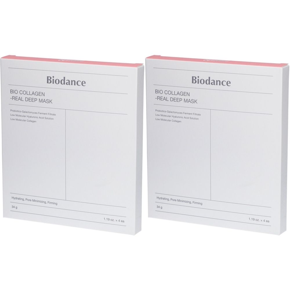 Deux boîtes blanches avec des accents roses. Texte imprimé : "Biodance BIO COLLAGEN - REAL DEEP MASK".