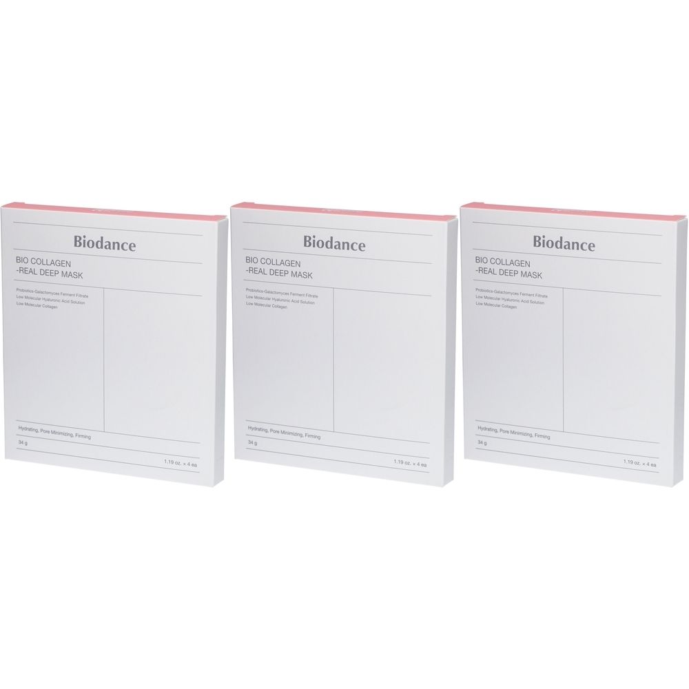 Drei weiße Kartons mit rosa Akzenten. Auf jedem steht "Biodance" und "Bio Collagen Real Deep Mask".