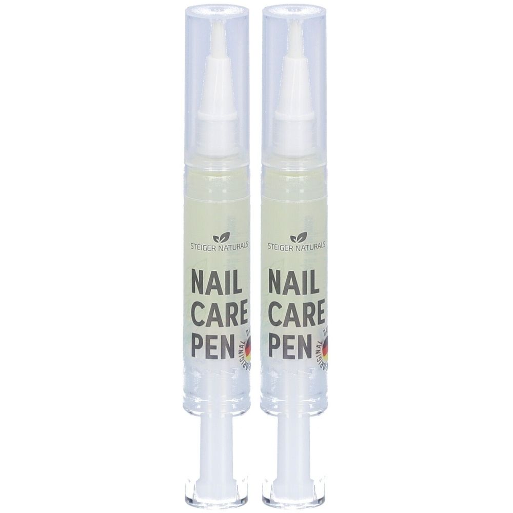 Deux stylos avec bouchons transparents. Inscription: Nail Care Pen. Marque: Steiger Naturals.