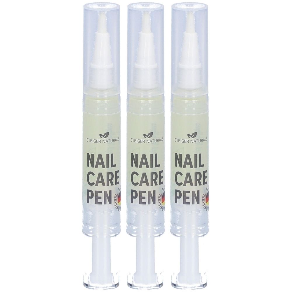 Trois stylos avec bouchons transparents. Inscription : NAIL CARE PEN. Marque : Steiger Naturals.