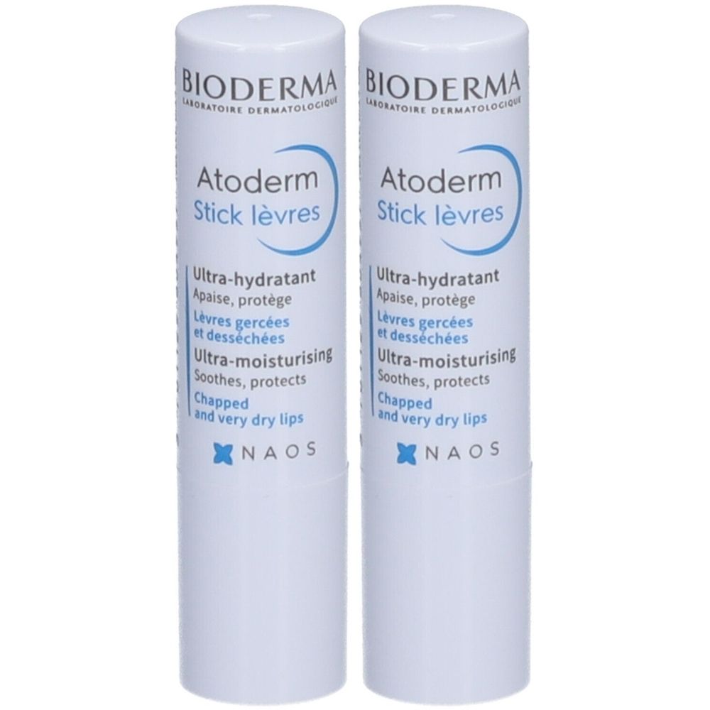 Zwei weiße Lippenpflegestifte mit blauer Schrift. Aufschrift: BIODERMA Atoderm Stick lèvres. Text: Ultra-hydratant, Ultra-moisturising.