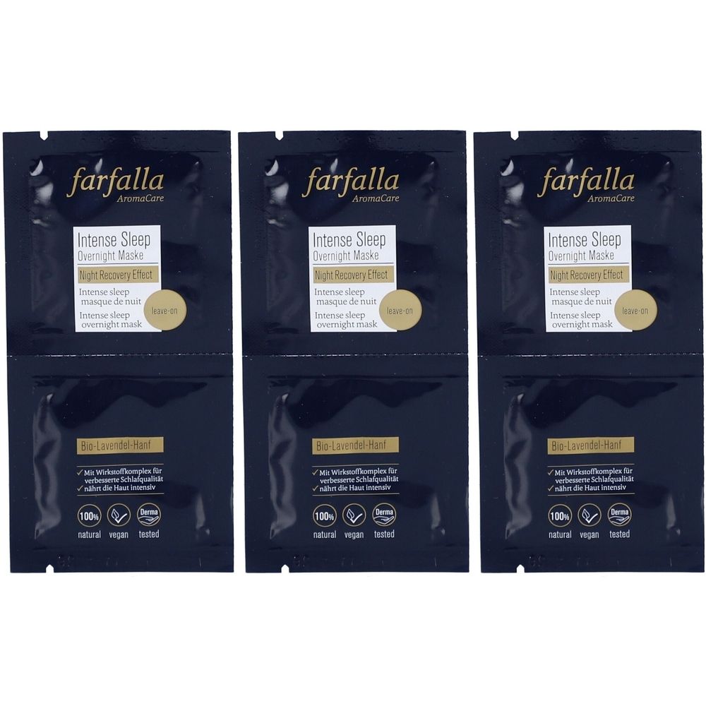 Trois sachets de Farfalla Intense Sleep Overnight Masque. Emballage noir avec texte blanc. Contient des logos et du texte.