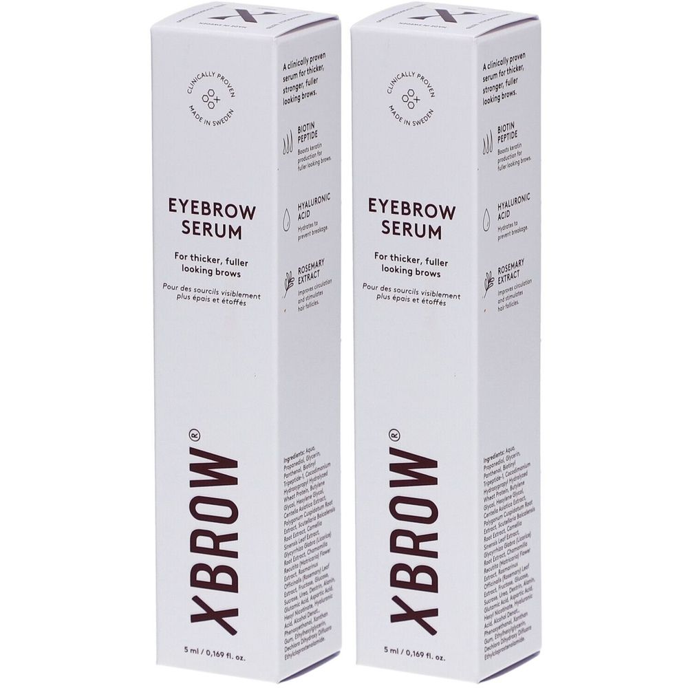 Deux boîtes blanches de sérum pour sourcils. Ingrédients : acide hyaluronique et extrait de romarin. Marque XBROW.