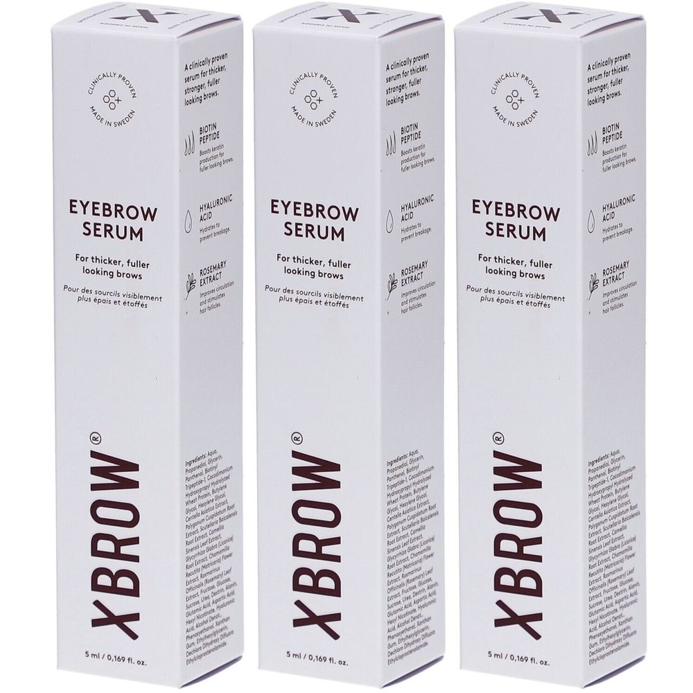 Trois boîtes blanches avec « EYEBROW SERUM ». Chaque boîte porte « XBROW » et des ingrédients.