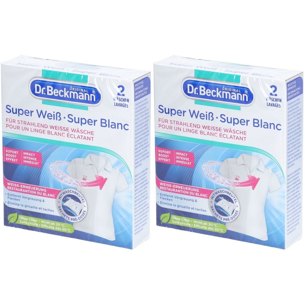 Zwei Kartons Dr. Beckmann Super Weiß. Aufschrift: Super Weiß - Super Blanc. Darstellung eines weißen Hemdes mit Pfeil. 2 Waschladungen.