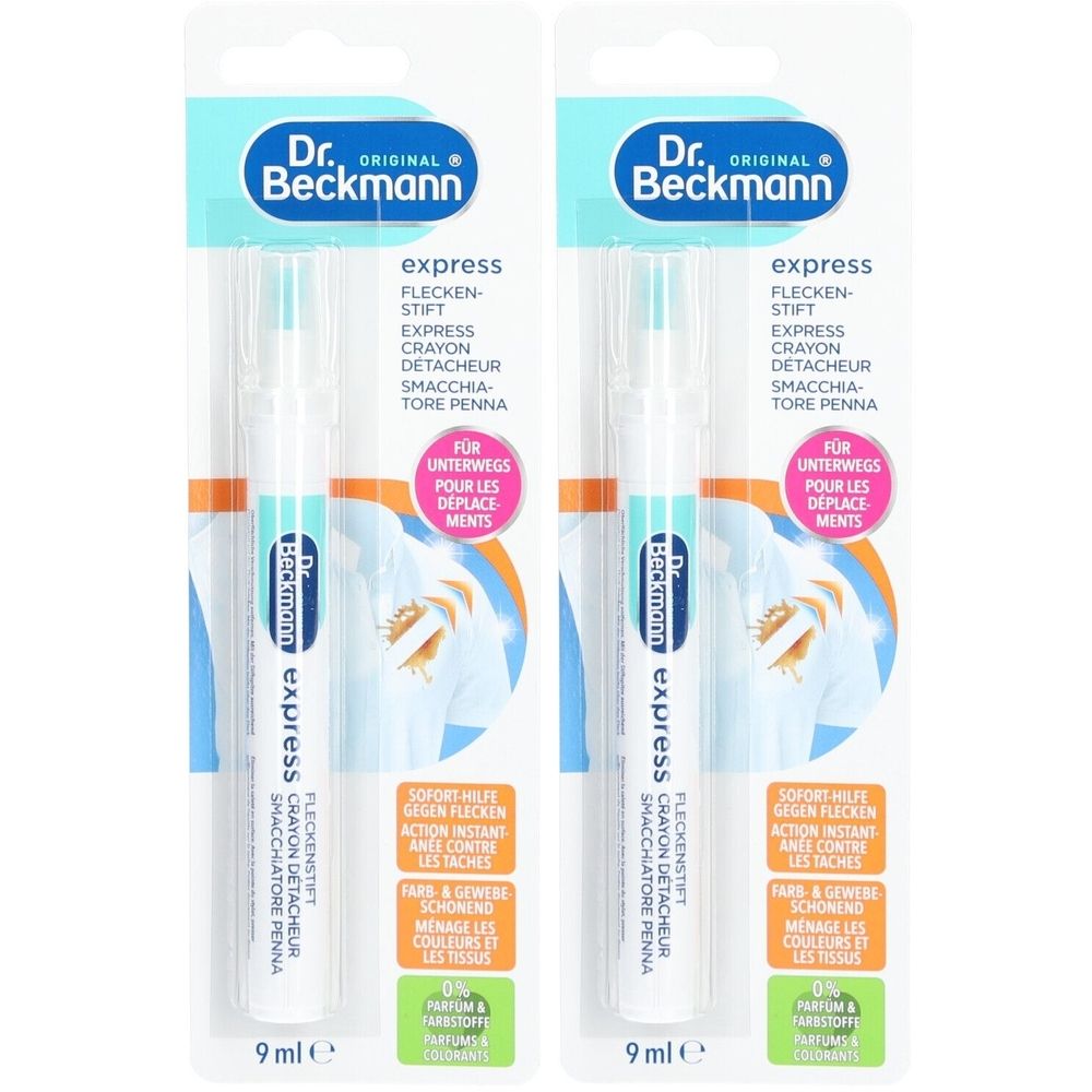 Zwei Fleckenentferner-Stifte in Blisterverpackung. Aufschrift: Dr. Beckmann, express Flecken-Stift. 9 ml.
