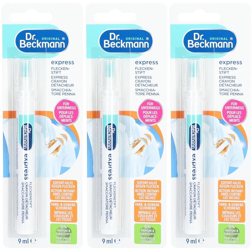 Drei Dr. Beckmann Express-Fleckenentferner-Stifte in Blisterverpackung. Weißer Stift mit blauer und türkiser Verpackung. Text: express, Dr. Beckmann.