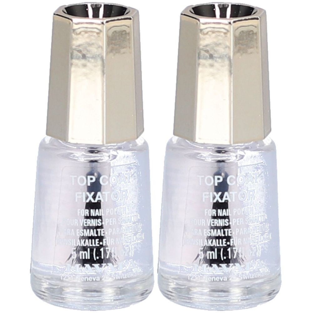 Deux flacons de fixateur de vernis à ongles avec bouchons argentés. Inscription : TOP COAT FIXATOR, 5 ml.
