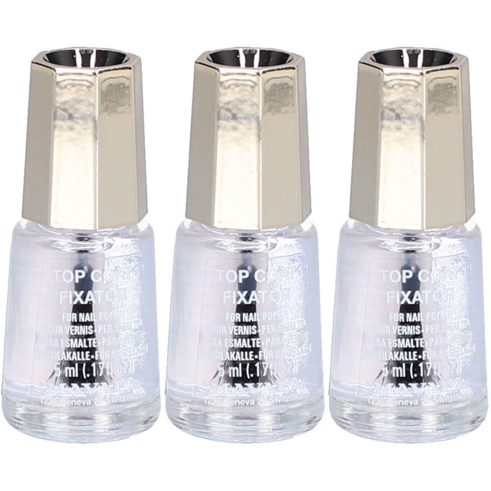 Trois flacons de fixateur de vernis à ongles avec bouchons argentés. Inscription: TOP COAT FIXATOR, 5 ml.