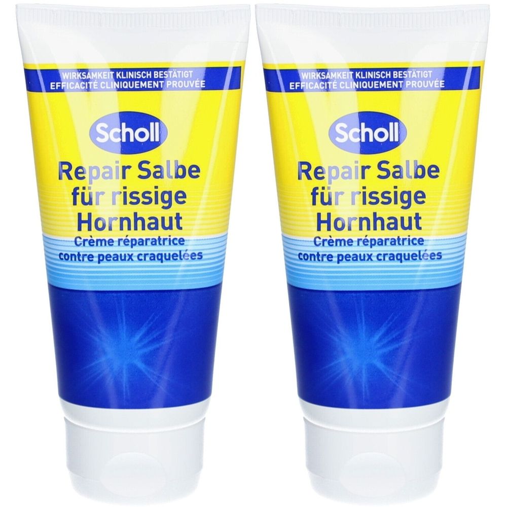 Deux tubes de crème Scholl Repair pour peaux craquelées. Emballage jaune et bleu avec nom du produit et texte en allemand et français.